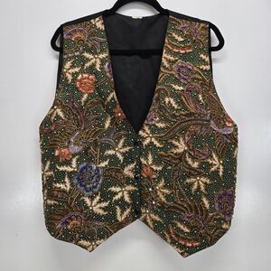 VTG Embellished Batik Vest Green Gold Floral Peacock Snap 80s 90s Bali Chic OSFM